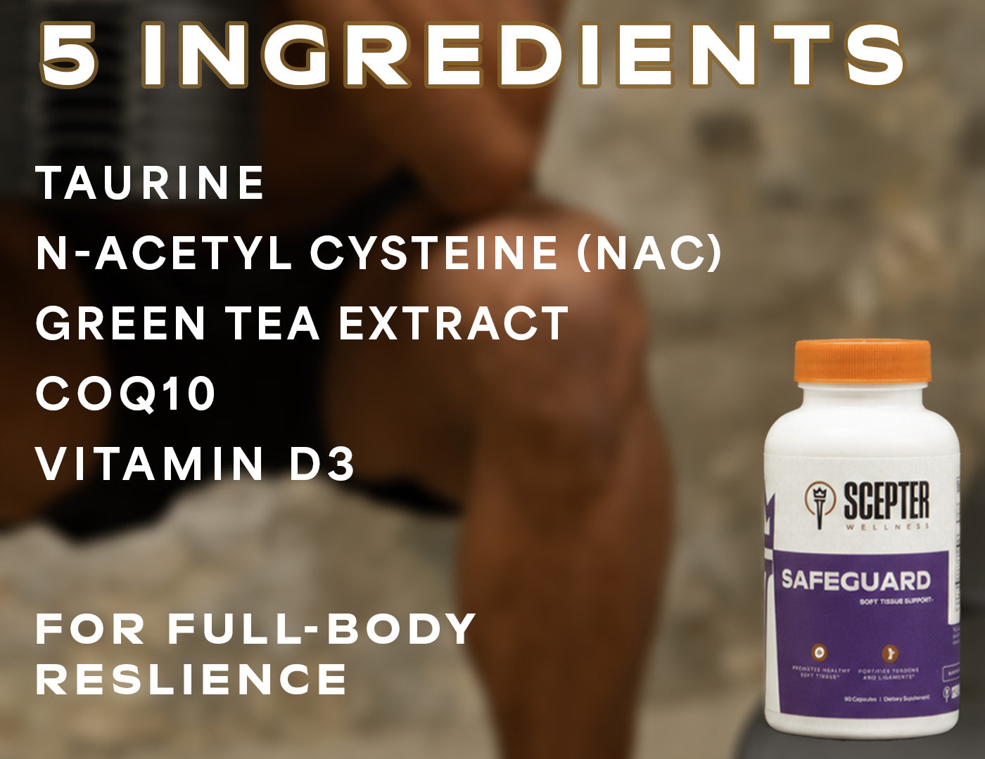 A supplement bottle labeled SCEPTER WELLNESS Safeguard, shown on the right against a blurred background of a person outdoors. Large text on the left lists five ingredients: Taurine, N-Acetyl Cysteine (NAC), Green Tea Extract, COQ10, and Vitamin D3, with the text 'FOR FULL-BODY RESILIENCE' at the bottom.