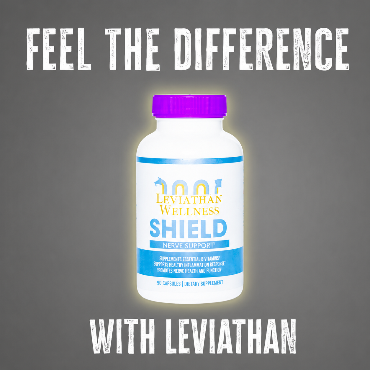 Supplement bottle labeled 'Leviathan Wellness Shield Nerve Support' with "Feel the Difference" text on a dark background