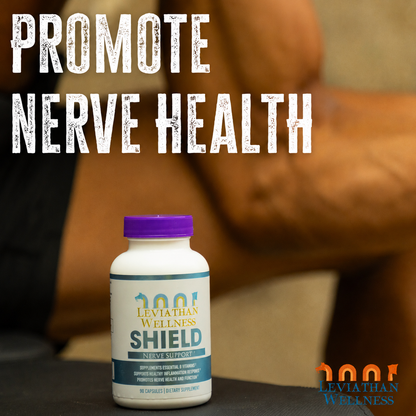 Bottle of Leviathan Wellness Shield supplement with text promoting nerve health and a man lifting weights in the background.